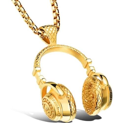 MIQIAO Stainless Steel Titanium Rock Roll Hip Hop Earphone Headphone Pendant Collar Necklace for Men Women Friends Gift Jewelry