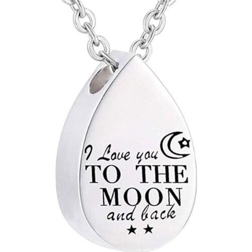 Stainless Steel Teardrop Cremation Jewelry Urn Necklaces, I Love You to The Moon and Back, Keepsake Pendant Locket for Ashes