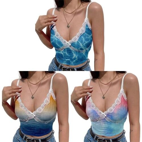 Sexy Summer Womens Tie Dye Camisoles Sleeveless Deep V Neck Lace Patchwork Slim Fit Crop Cami Tanks Tops