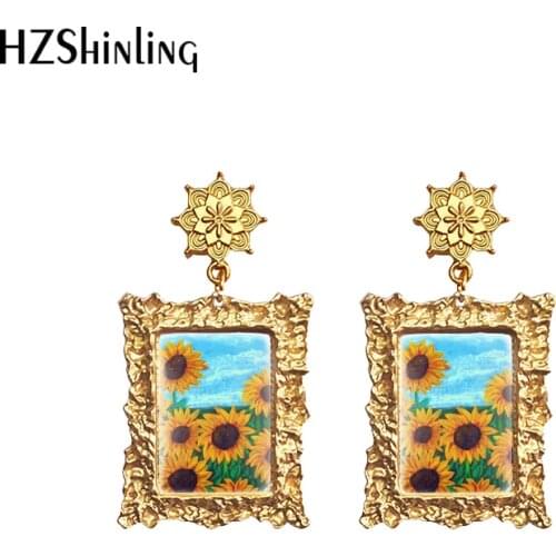 Beautiful Sunflower Paintings Retro Style Dangle Hook Earrings Mandala Pendants Deco Jewelry