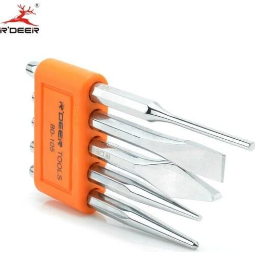 RDEER 5Pcs Punch Chisel Chrome Vanadium Steel For Construction Masonry Plow Bit Center Pin Chisels Punches Striking Tools Kit