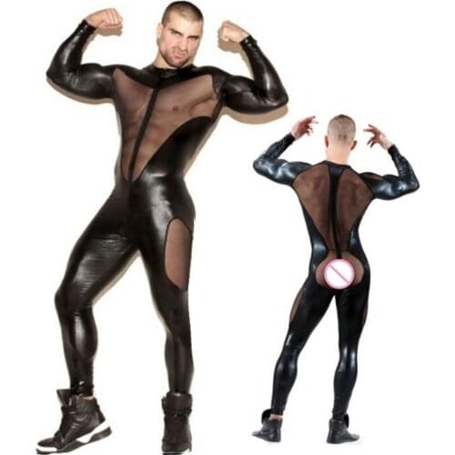 Sexy Men Mesh Patchwork See Through Bodysuit PU Shiny Jumpsuit Erotic Costumes Stage Wear Punk Playsuit Gay Wear Plus Size F52