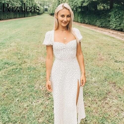 Bazaleas Chic Chiffon White Dot Print Women midi Dress Fashion Short Lantern Sleeve women Dresses vestidos Drop shipping