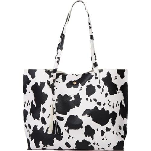 Cow Pattern Bag Handbag For Women Leopard Trend Pu Leather One Shoudler Bag Female Tassel Bag Large Capacity Tote Bag New 2021