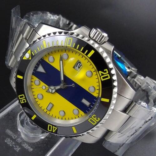 Fresh Yellow Automatic Mens Watch Nologo Dial Stainless Steel Strap Ceremic Bezel 40mm Diameter Case