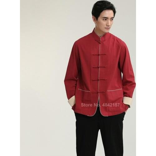 Chinese Style Hanfu Tops for Men Linen Long Sleeve Tang Suit Jacket Tai Chi Uniform Wushu Clothes Vintage Shirts Stand Collar