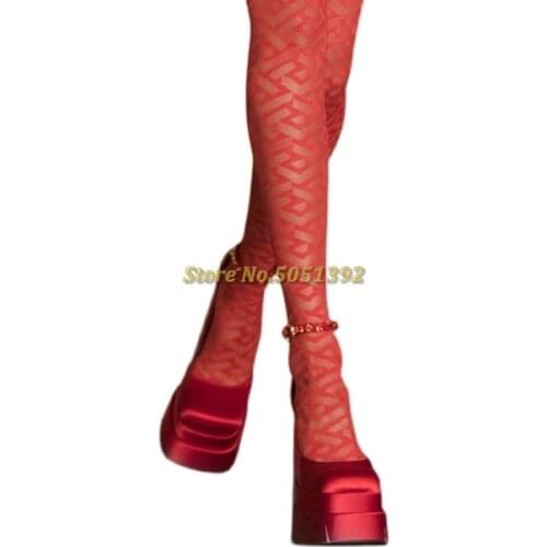 Platform Chunky Heel Shoes Super High Heel Square Toe Satin Material Ankle Buckle Cover Heel Dress Women Pumps Crystal Shoes