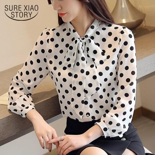 2020 Spring New Fashion Bow Collar Long Sleeve Shirts Chiffon Polka Dot Women Blouse Blusas Mujer De Moda Female Clothes 8011 50