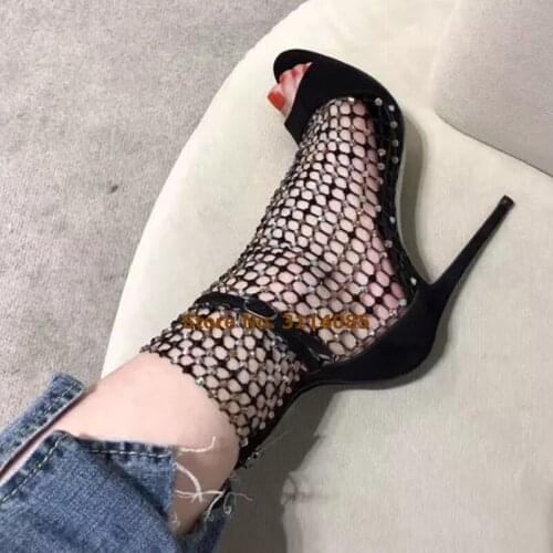 Women Newest Bling Bling Crystal Ankle Sandal Boots Shining Rhinestone Cage Network Sandals Thin High Heel Wedding Shoe Dropship