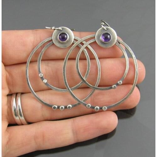 Boho Tribal Two Layer Large Circle Purple Crystal Earrings Exaggerated Silver Color Oversized Hollow Round Earring Femme