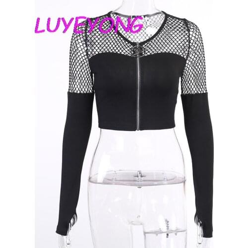 Lady V Neck Cardigan Hollow Out Mesh Patchwork Long-sleeve Hipster Short Tshirt Black Gothic Women Zipper T Shirt 2020 Autumn