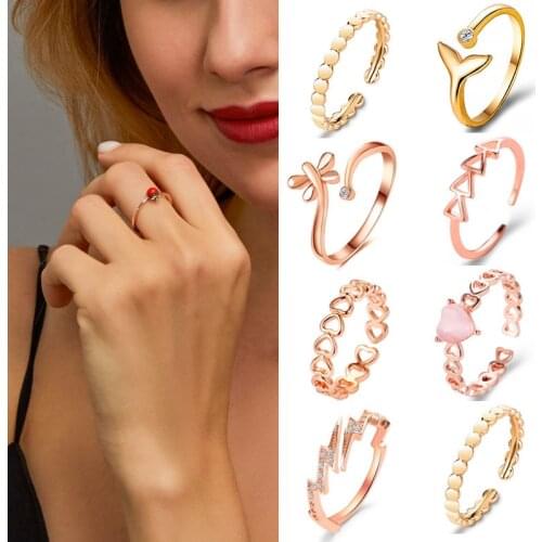 Fashion strawberry Heart Crystal Female Ring Opening For Women Rhinestone Geometric Adjustable Finger Jewelry Gifts