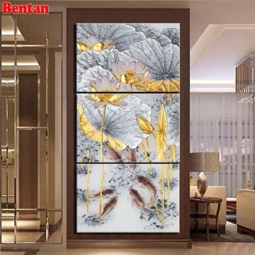 5D DIY Diamond Painting 3 Piece Abstract Lotus Koi fish Diamond Embroidery Cross Stitch Kit Diamond Home Decoration Mosaic Gift
