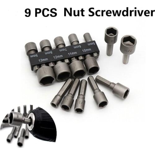 9 Pieces / Set 5-13mm Nut Screwdriver Set Hexagon Socket Sleeve Nozzle Wrench Set Powerful Sleeve Drill Pow