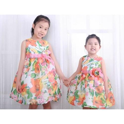Yatheen Little Girls 4T-5T Summer Party Dress Floral Print Belt With Flower Back Zipper Closure Kids Dress For Girls