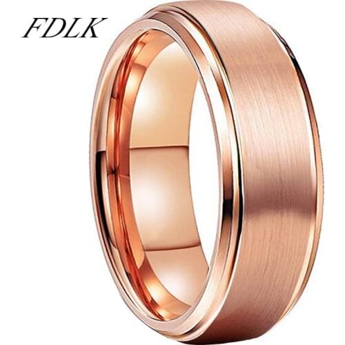 FDLK 8mm Mens Stainless Steel Wedding Band Ring Rose Gold Beveled Edges Brushed Finish Comfort Fit Personal Customize