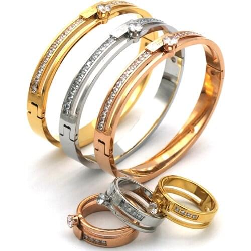 Hot Sale Fashion Titanium Steel Bangles rings set Crystal Rose Gold Gold Bangles Roman Numerals Womens Bracelet