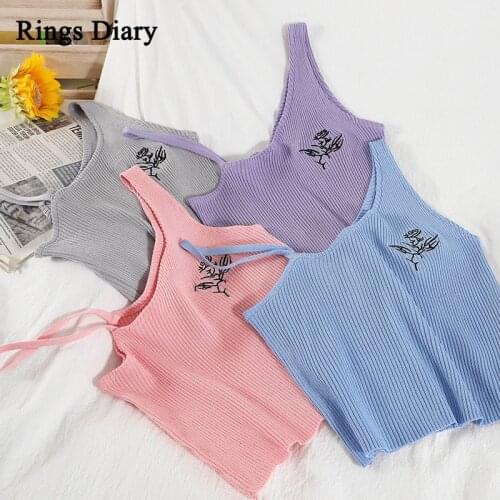 Rings Diary Women Knitting Tank Tops Summer Rib One Shoulder Crop Tops Embroidery Slim Fit Sleeveless Going Out Korean Girl Top