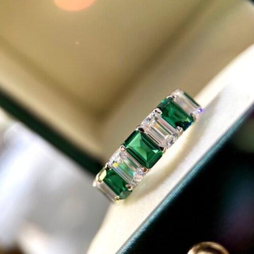 Top quality one row Natural Emerald Rings for Women Silver 925 Wedding Engagement green Ring Gemstone Fine Jewelry Gift