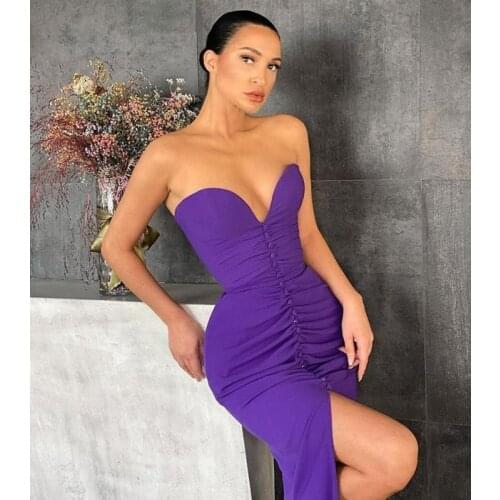 Hot Sale 2021 Women Sexy Strapless Backless Purple Draped Split Bodycon Bandage Dress Elegant Evening Party Celebrity Dress