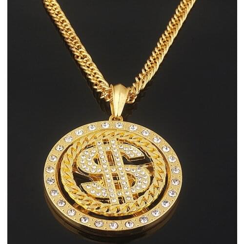 Exaggerated US Dollar Sign Necklaces Big Rhinestone Rotatable Dollar Pendant For Women Men Trendy Hip Hop Nightclub Jewelry
