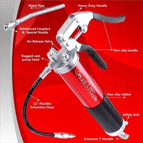 Grease Gun 6000 PSI Red Heavy Duty Deluxe Pistol Grip Manual 14oz Cartridge w/ 18" Flex Hose And 5-1/2" Metal Extension Pipe
