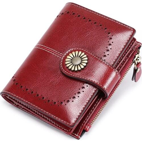 RFID Fashion Hollow Out Oil wax skin Leather Women Wallet And Purses Coin Purse Female Small Portomonee Lady Money Bag