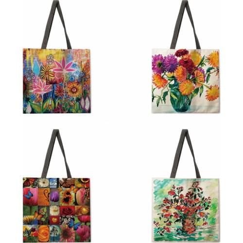 Folding shopping bag still life flower lady shoulder bag female casual handbag outdoor beach bag female tote bag