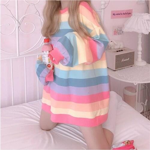 Oversized t-shirt Casual Long Sleeve Top y2k Striped 2021 New Rainbow Female Cute Harajuku Oversized T Shirts Streetwear Women