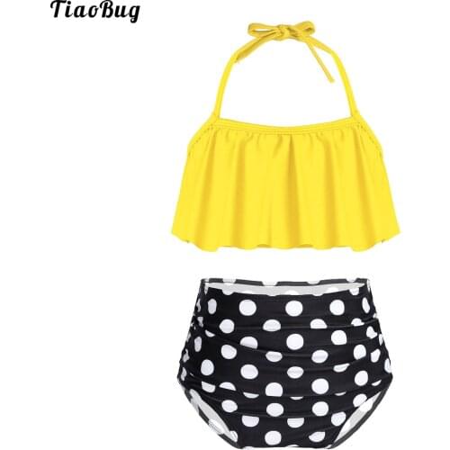 TiaoBug 2Pcs Kids Girls Swimsuit Halter Neck Shoulder Straps Tie Back Ruffle Bikini Crop Top Polka Dots Printed Bottom Swimwear
