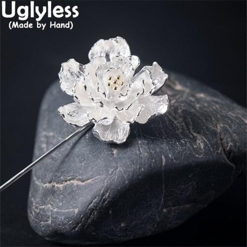 Uglyless Blooming Peony Brooches for Women Romantic Floral Pins 925 Sterling Silver Flowers Long Brooches Evening Dress Jewelry