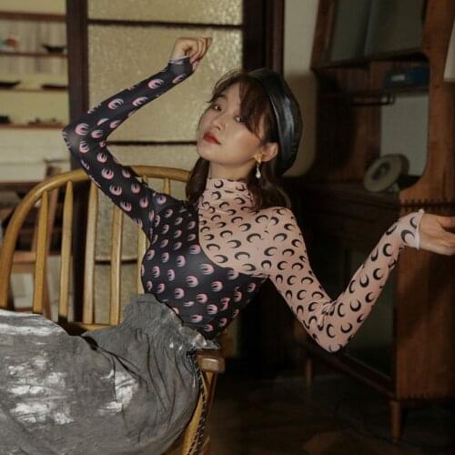 Color-blocking Moon Print Stretch Long-Sleeved Turtleneck Womens Spring 2021 New Bodycon Blouse Ladies Femme