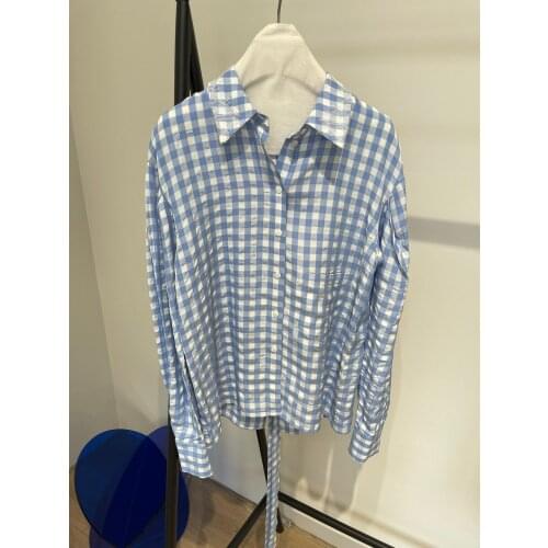 Ladies 2021 fashion new long-sleeved sexy casual stitching lace tie check shirt 0114