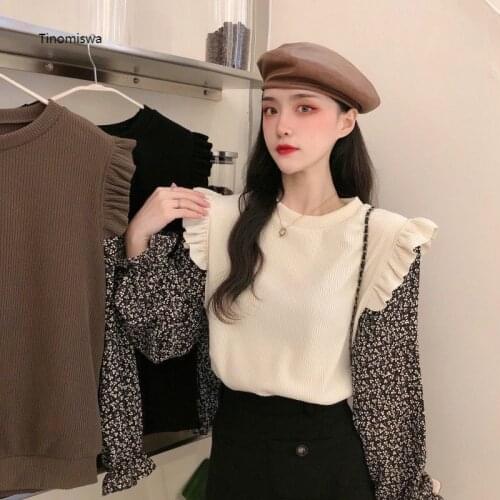 Patchwork Women Sweaters Winter 2020 Fashion O Neck Flare Sleeve Lady Knitted Pullovers Casual Fake Two Piece Tops A027