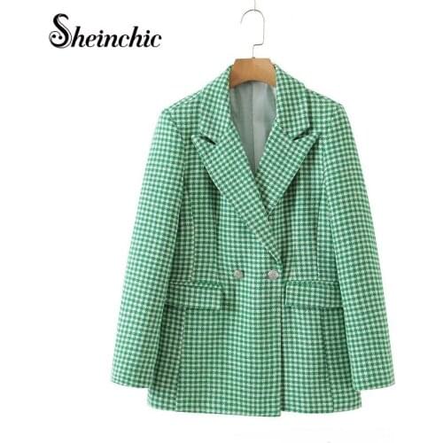 Sheinchic 2021 Autumn Winter New Fashion Double Breasted Green Plaid Blazer Coat Womens Long Sleeve Vintage Outerwear Jacket