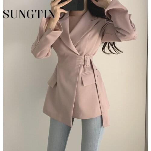 Sungtin Casual Sashes Office Lady Pink Blazer Coat Women Turn Down Collar Elegant Blazer with Belt Female Black Blazer Jacket OL