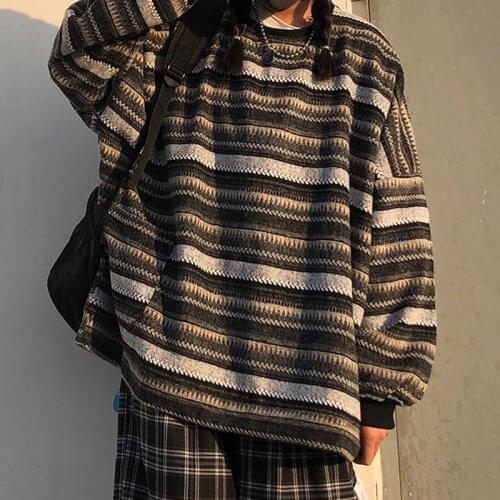 Striped Sweater Woman Casual Pullover Vintage Knitted Sweater With Pocket Crew Neck Loose Jumper Female Hip Hop Sueter Mujer