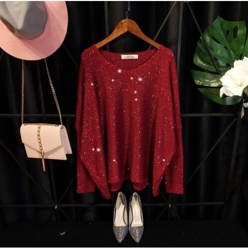New autumn fashion womens o-neck batwing long sleeve loose pullover lurex shinny bling sweater tops knitwear jumpers