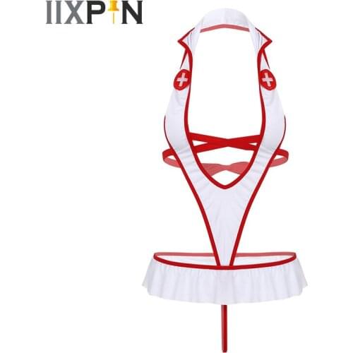 Women Sexy Nurse Cosplay Costume Erotic Lingerie Set Sexy Sleeveless Backless Lace-up Leotard Bodysuit Lingerie With Headband