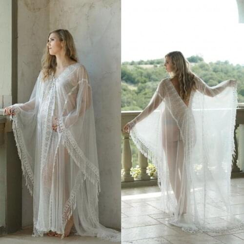 Summer Wedding Dresses Sexy V Neck Long Sleeves Lace Robes Bathrobe Custom Made See Through Sweep Train Maternity Robes
