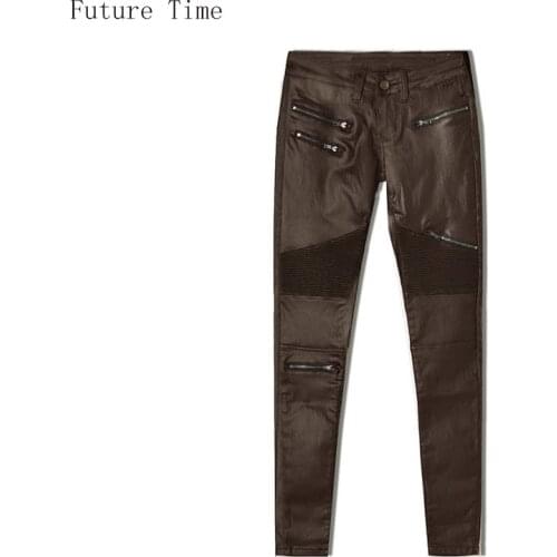 2020 Women Coated Jeans Brown Spliced Multi Fake Zipper Low Waist Pencil Pants Skinny Stretched Sexy Faux PU Leather Jeans NZ220