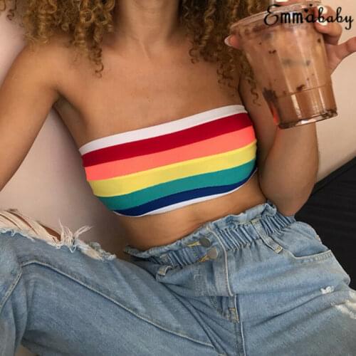 2020 Hot Sale Womens Sexy Rainbow Colorful Tube Tops Off Shoulder Elastic Seamless Bandeau Stretch Tube Strapless Crop Top