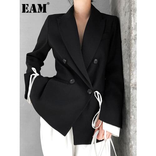 [EAM] Women Black Cuff Bandage Temperament Blazer New Lapel Long Sleeve Loose Fit Jacket Fashion Tide Spring Autumn 2021 1T476