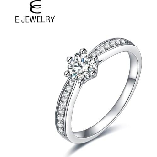 E 0.5 Carat Real Silver 925 Bridal Rings Six Claw Classic Cubic Zirconia Ring for Women Wedding Anniversary Fine Jewelry