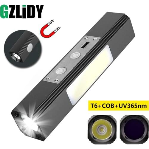 Multifunctional T6 LED Flashlight 365NM UV Torch Super Bright Waterproof COB Camping Lamp Magnet Design USB Rechargeable Lantern
