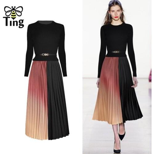 Tingfly Runway Fashion Knitting Top Patchwork Pleated Dress Vintage Elegant Spring Autumn Office Work Dress Casual Streetwear Za