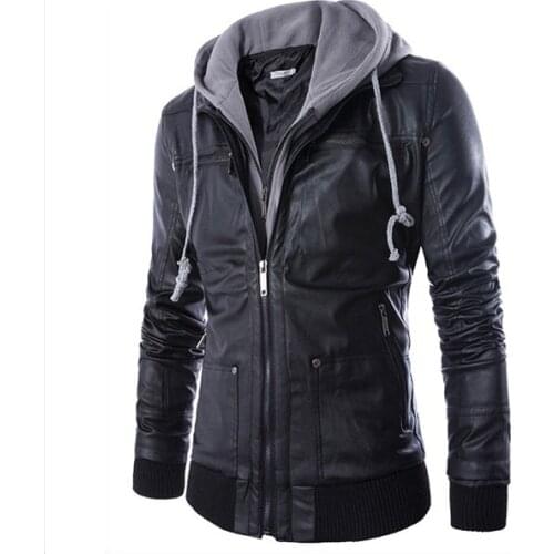 HOT Selling Men Motorcycle Black PU Leather Coats With Hooded Mens Slim Fit Jackets Mens Jackets & Coats