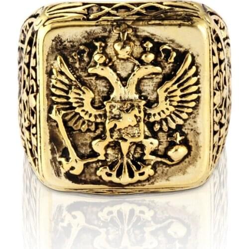 Men Ring Fashion Men Signet Ring Empire Double Eagle Punk Gold Color Arms of The Russian Big Ring Surprise Birthday Present