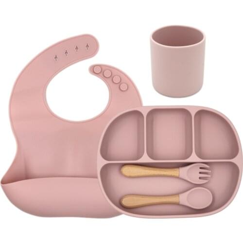 Baby Tableware Dinner Set Silicone Water Cup Bowl Plate Wooden Handle Spoon Fork Baby Milestones Gift Set