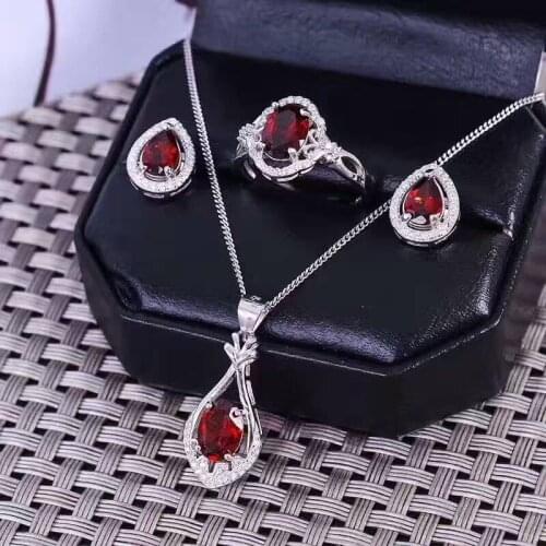 Natural red garnet gem jewelry sets natural gemstone ring Pendant earrings 925 silver Elegant water drops women party jewelry
